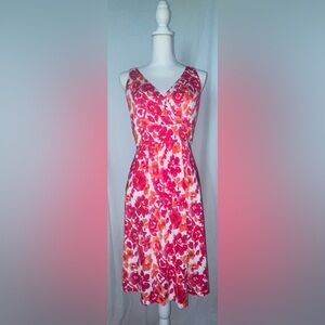 Chaps V-Neck Floral Midi Dress in Pink and Orange